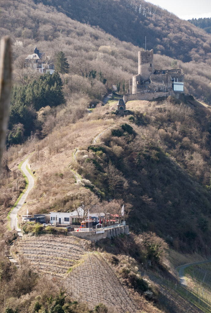Der Burgberg in Bernkastel-Kues mit dem Schützenhaus und der Burg Landshut - mit Blick vom Doctor-Weinberg.